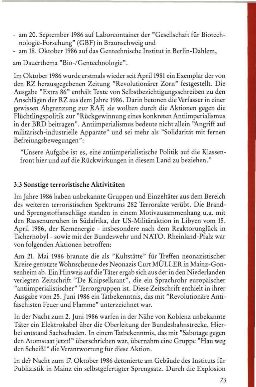 Seite 75 des Verfassungsschutzbericht 1986 Rheinland-Pfalz