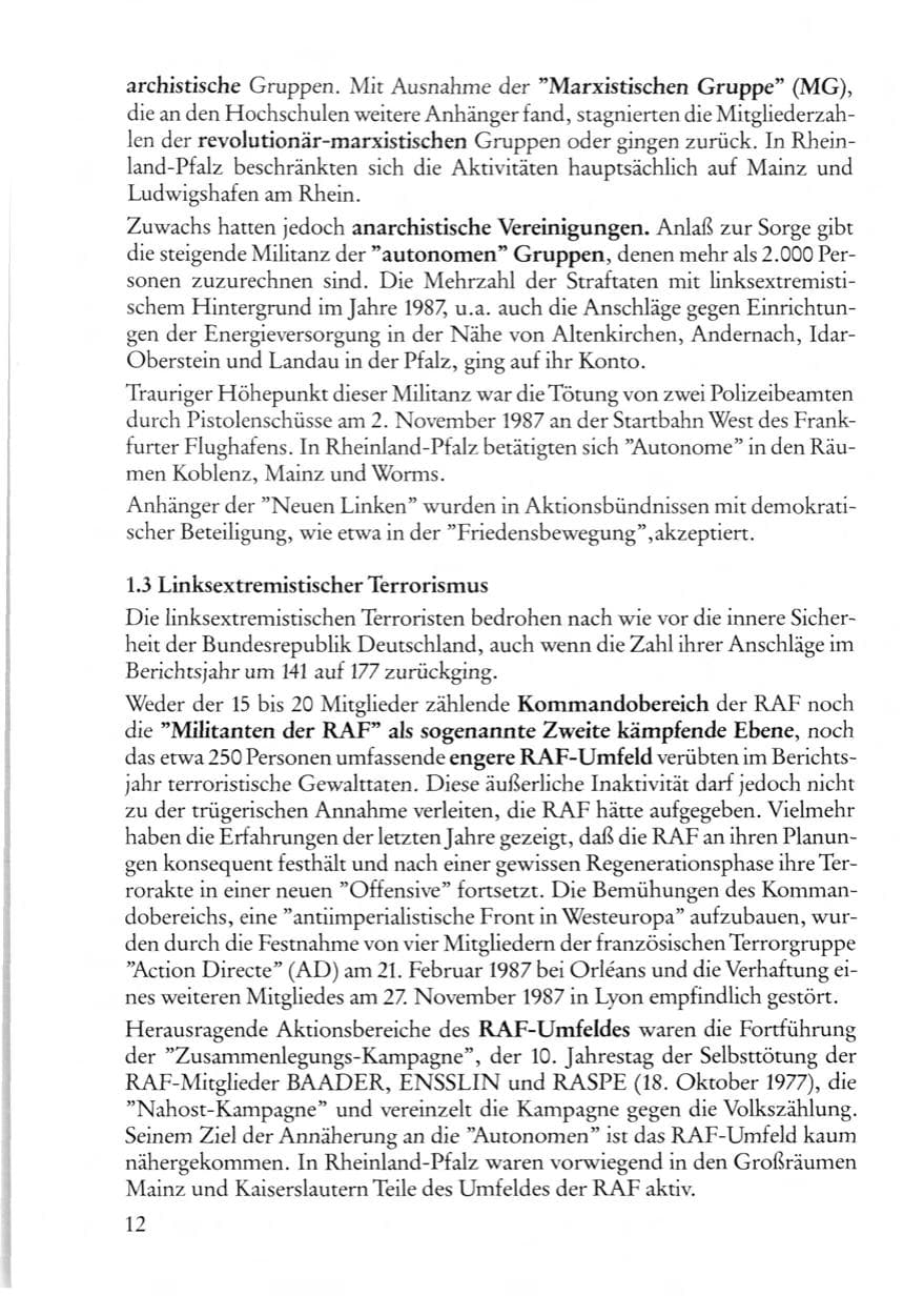 Seite 14 des Verfassungsschutzbericht 1987 Rheinland-Pfalz