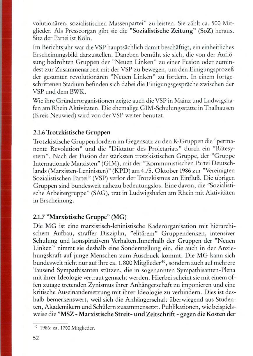 Seite 52 des Verfassungsschutzbericht 1987 Rheinland-Pfalz