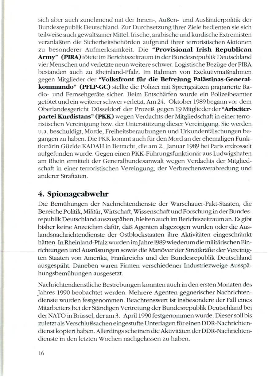 Seite 18 des Verfassungsschutzbericht 1989 Rheinland-Pfalz