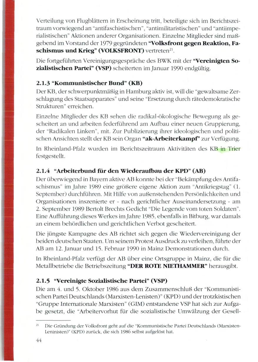 Seite 46 des Verfassungsschutzbericht 1989 Rheinland-Pfalz
