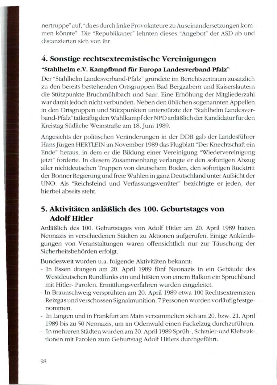 Seite 100 des Verfassungsschutzbericht 1989 Rheinland-Pfalz