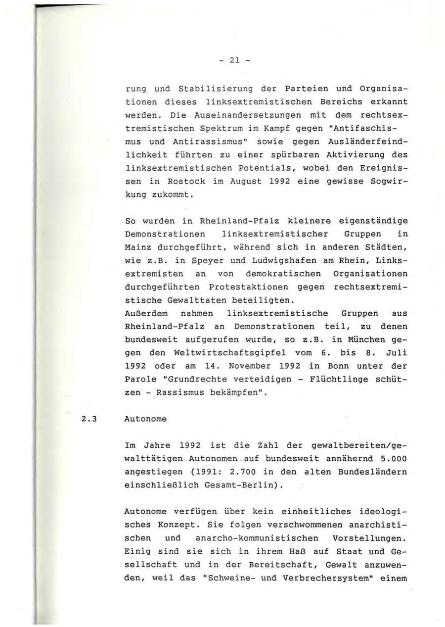 Seite 22 des Verfassungsschutzbericht 1992 Rheinland-Pfalz