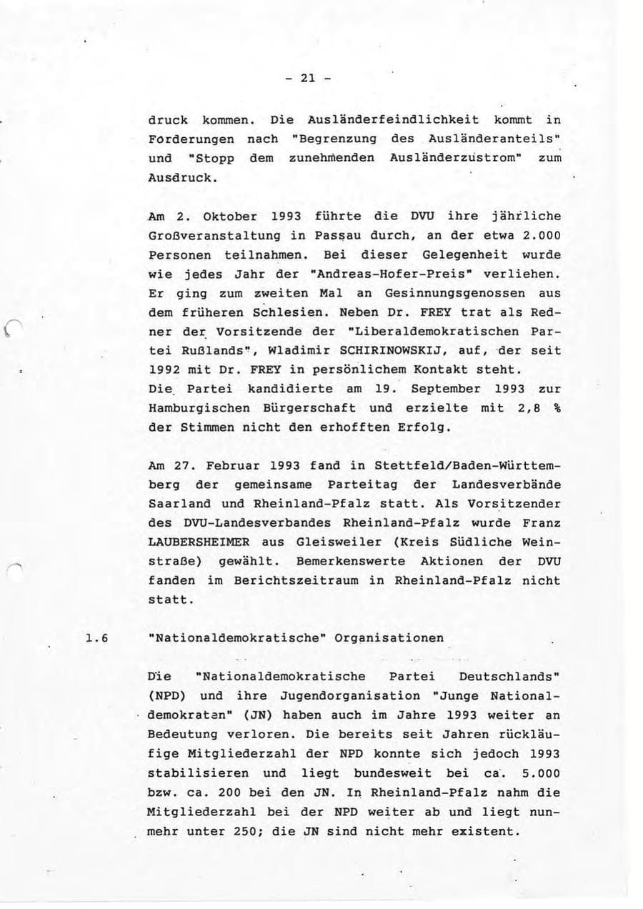 Seite 21 des Verfassungsschutzbericht 1993 Rheinland-Pfalz