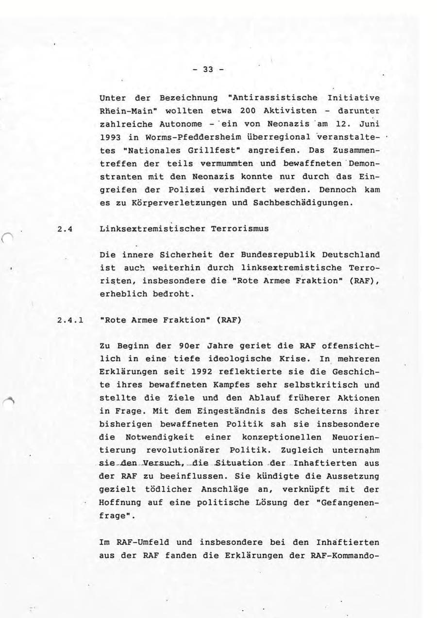 Seite 33 des Verfassungsschutzbericht 1993 Rheinland-Pfalz