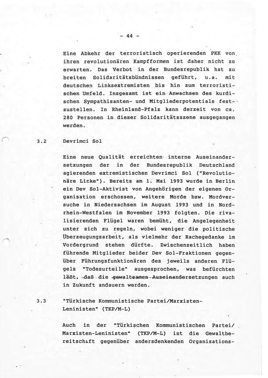 Seite 44 des Verfassungsschutzbericht 1993 Rheinland-Pfalz