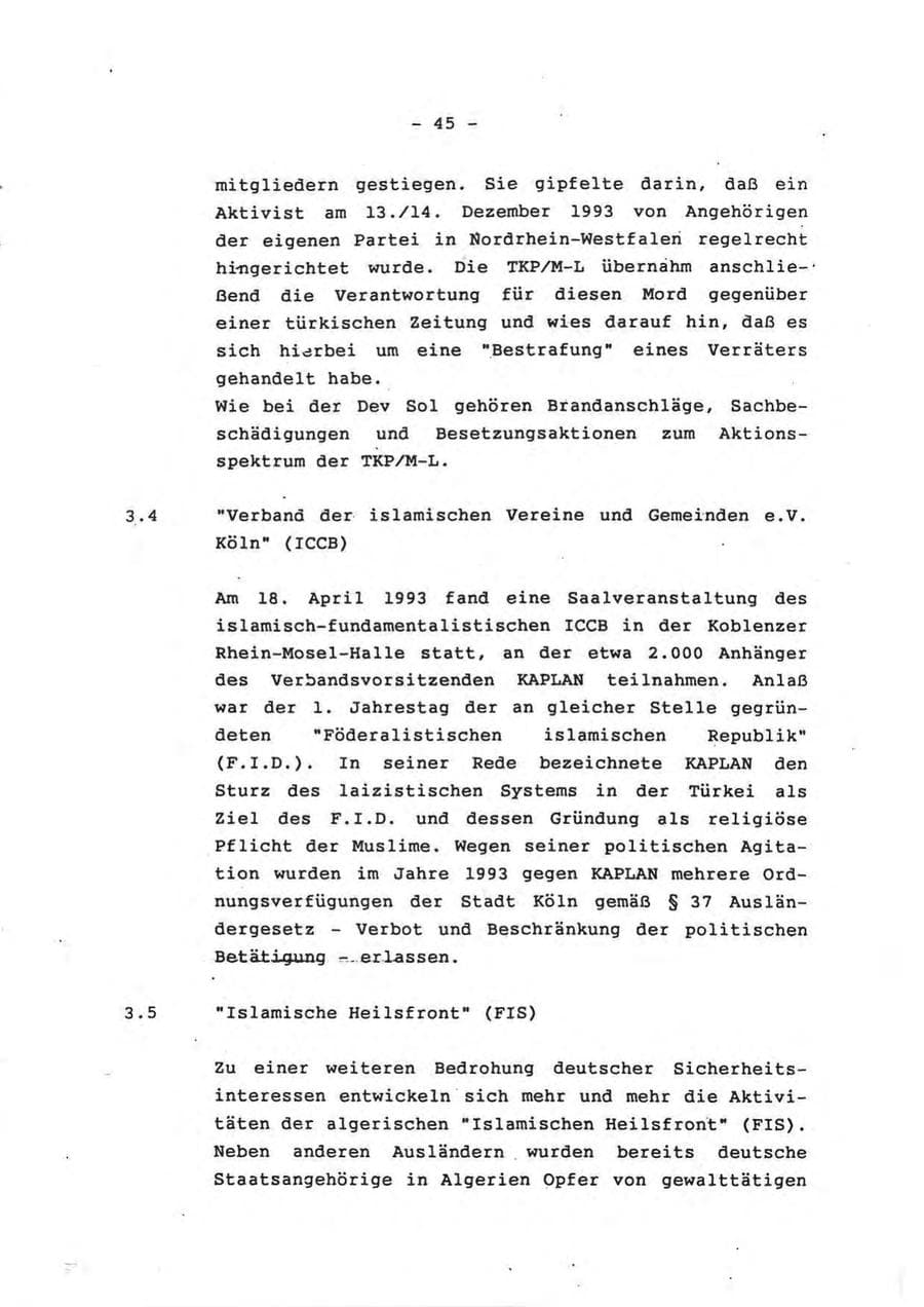 Seite 45 des Verfassungsschutzbericht 1993 Rheinland-Pfalz