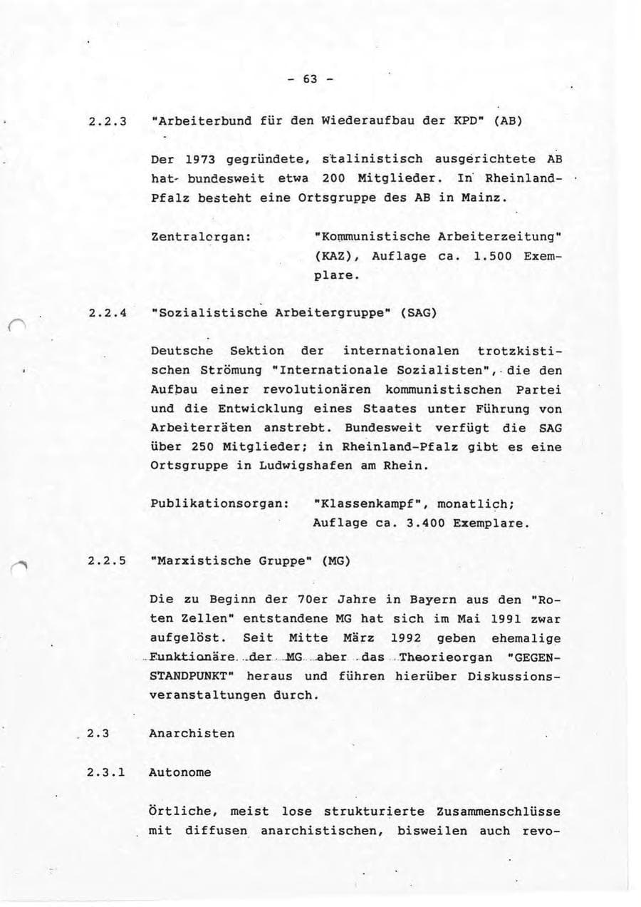 Seite 63 des Verfassungsschutzbericht 1993 Rheinland-Pfalz