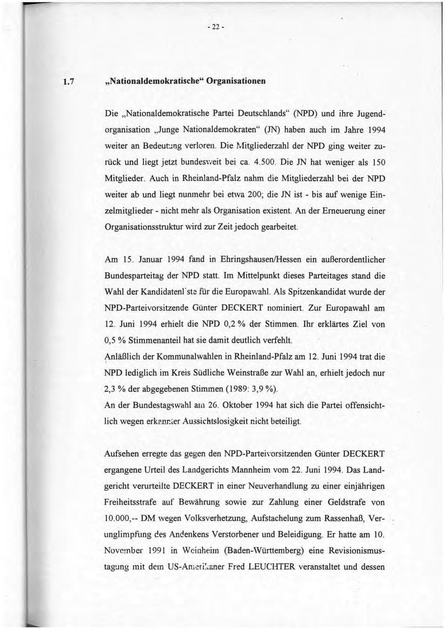 Seite 23 des Verfassungsschutzbericht 1994 Rheinland-Pfalz