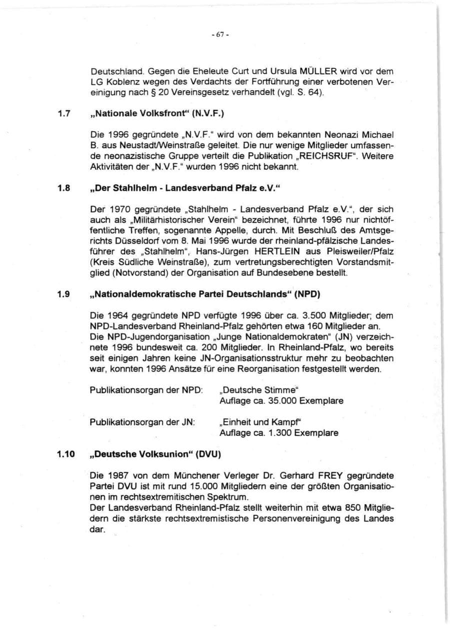 Seite 69 des Verfassungsschutzbericht 1996 Rheinland-Pfalz