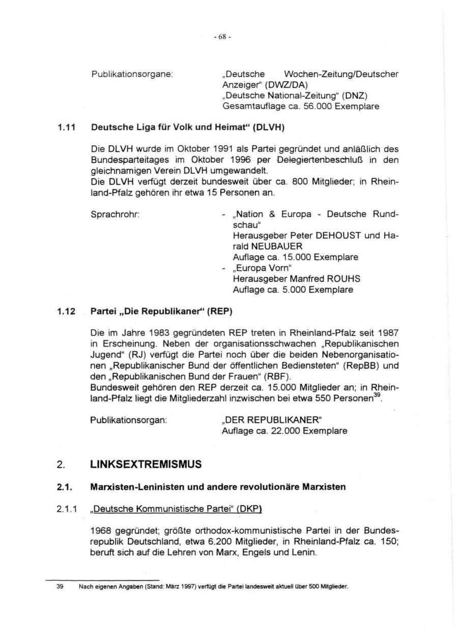 Seite 70 des Verfassungsschutzbericht 1996 Rheinland-Pfalz