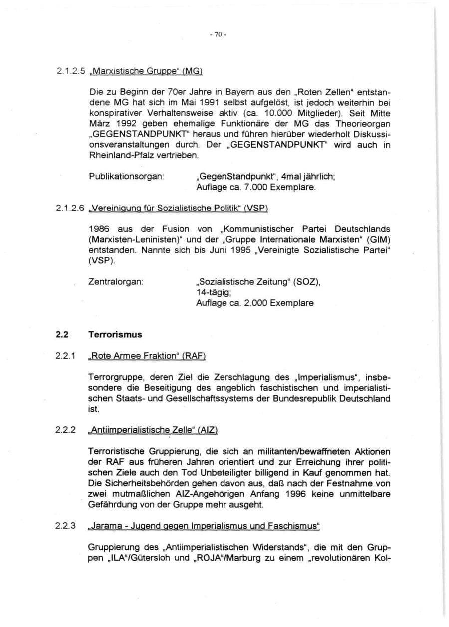 Seite 72 des Verfassungsschutzbericht 1996 Rheinland-Pfalz