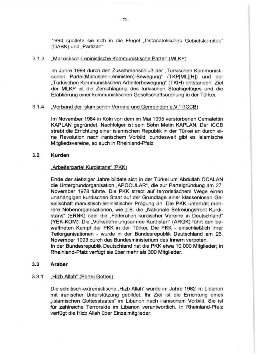 Seite 74 des Verfassungsschutzbericht 1996 Rheinland-Pfalz