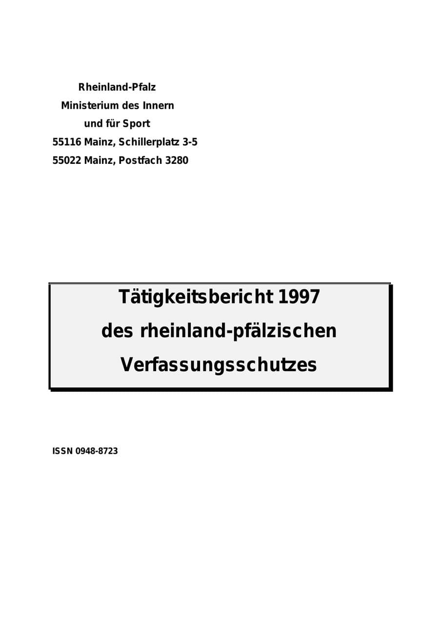 Seite 1 des Verfassungsschutzbericht 1997 Rheinland-Pfalz