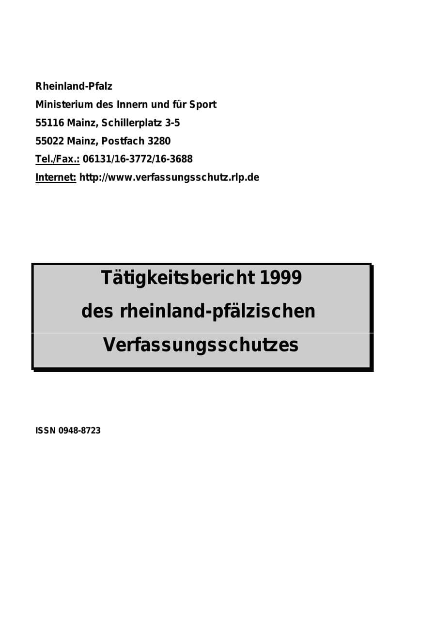 Seite 1 des Verfassungsschutzbericht 1999 Rheinland-Pfalz