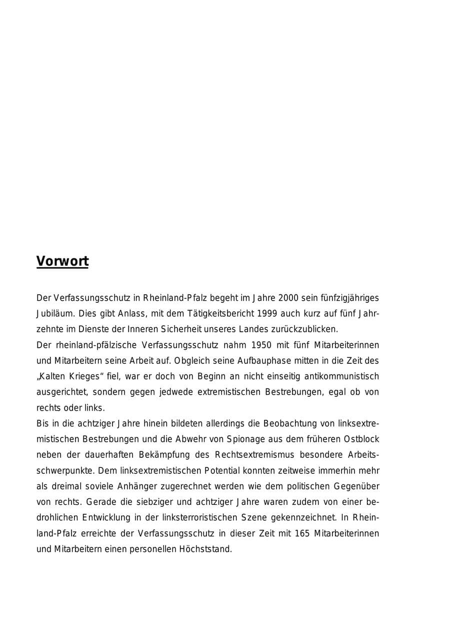 Seite 2 des Verfassungsschutzbericht 1999 Rheinland-Pfalz