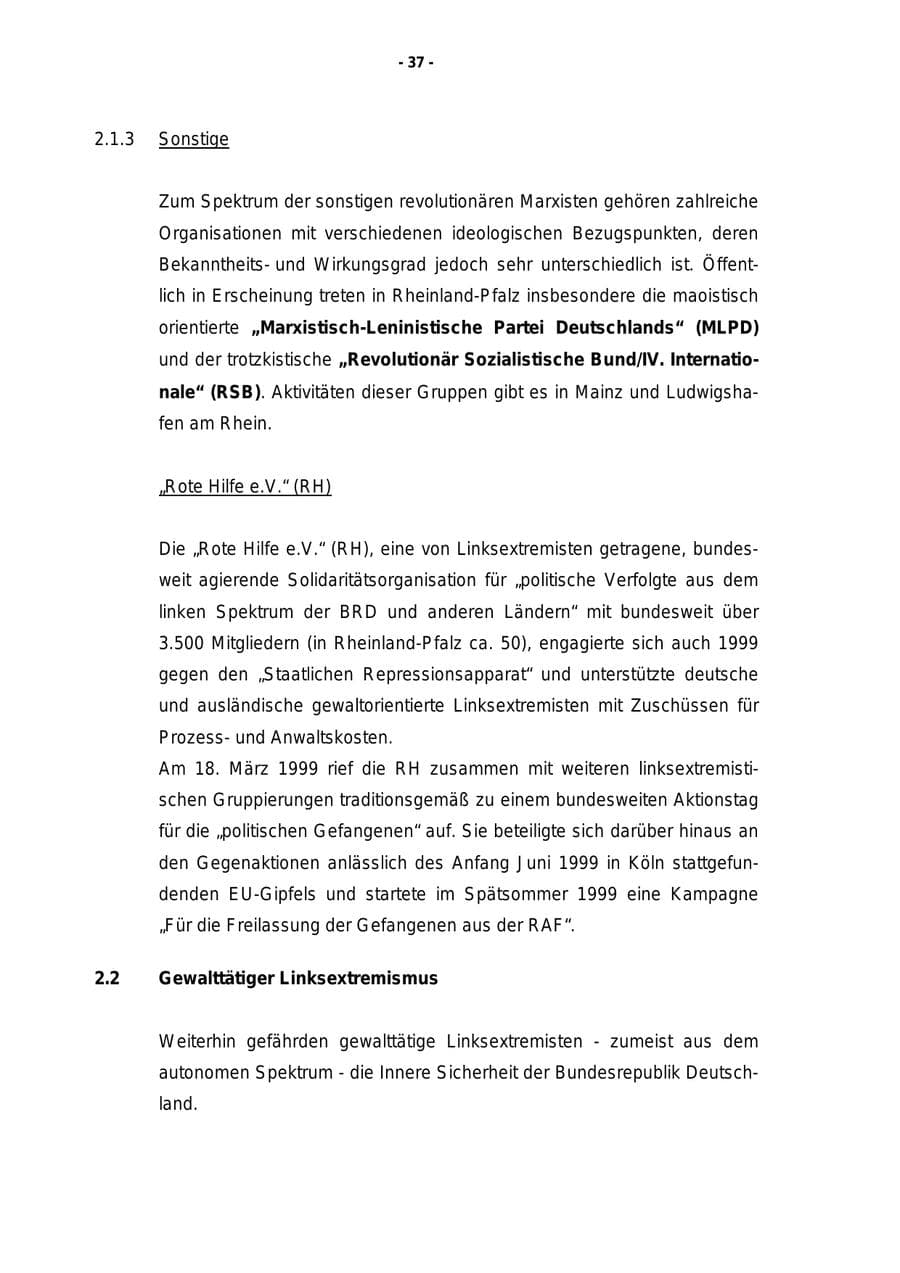 Seite 38 des Verfassungsschutzbericht 1999 Rheinland-Pfalz