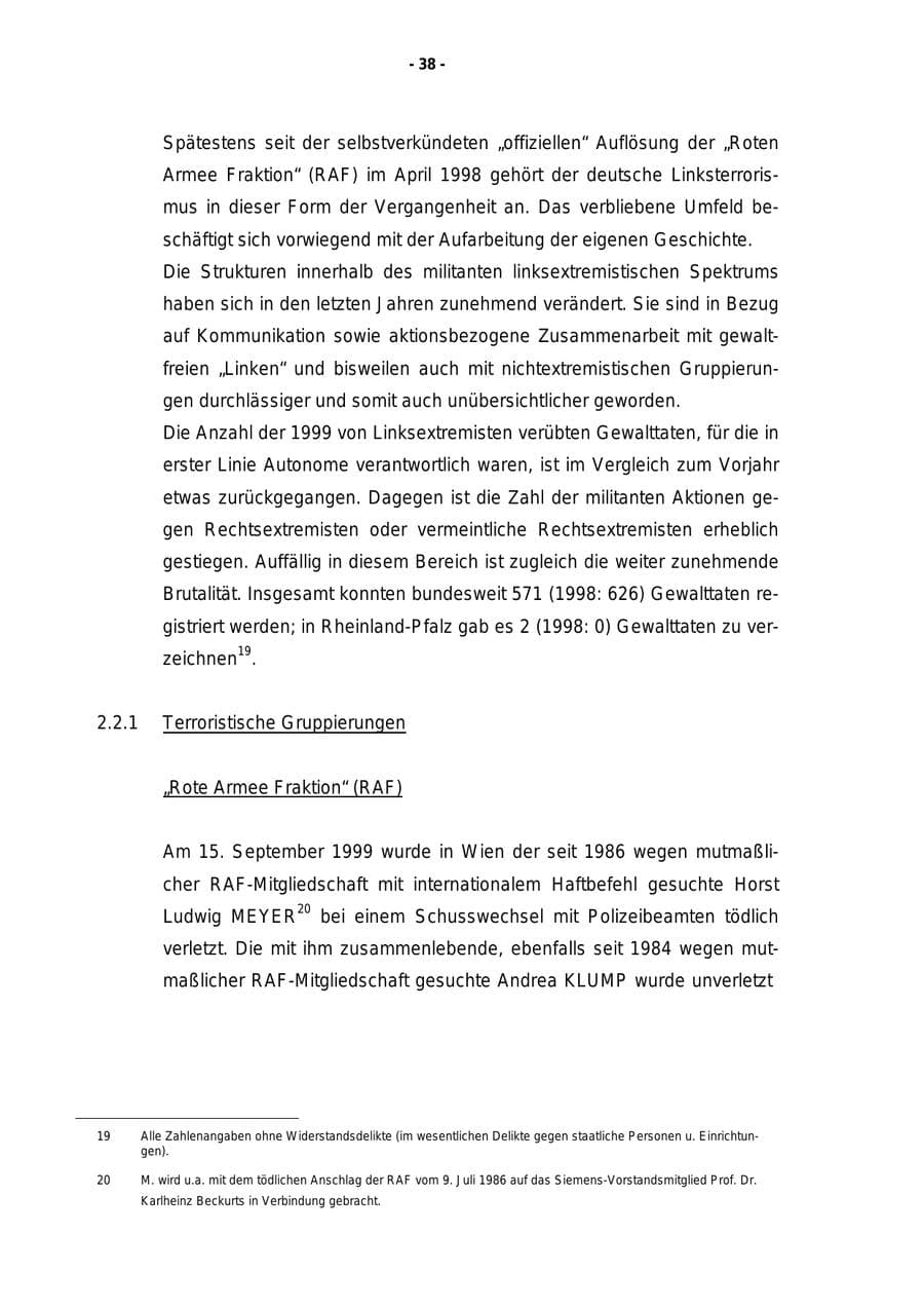 Seite 39 des Verfassungsschutzbericht 1999 Rheinland-Pfalz