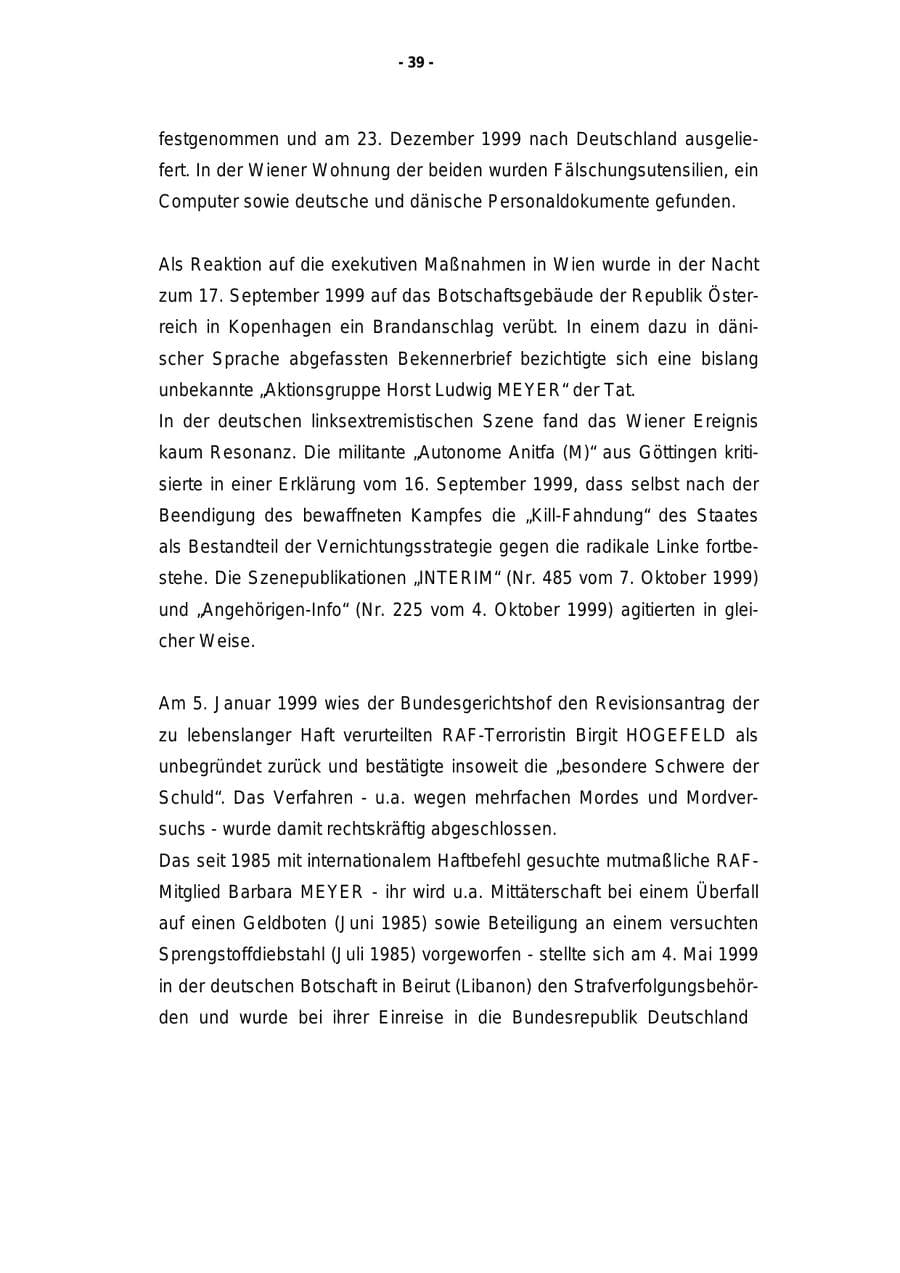 Seite 40 des Verfassungsschutzbericht 1999 Rheinland-Pfalz