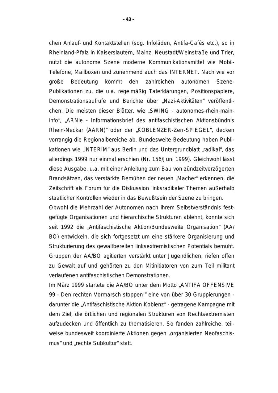 Seite 44 des Verfassungsschutzbericht 1999 Rheinland-Pfalz