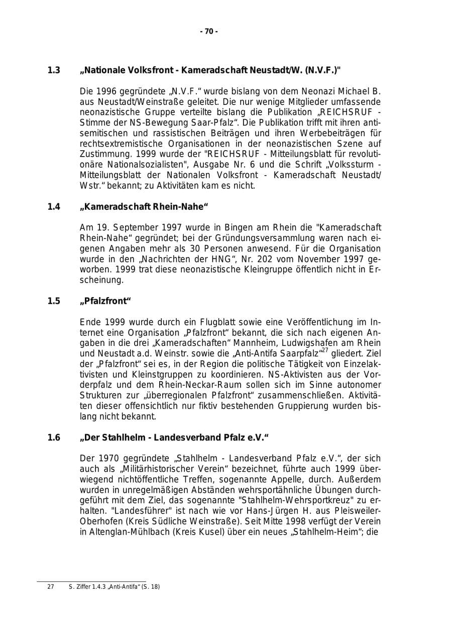 Seite 71 des Verfassungsschutzbericht 1999 Rheinland-Pfalz