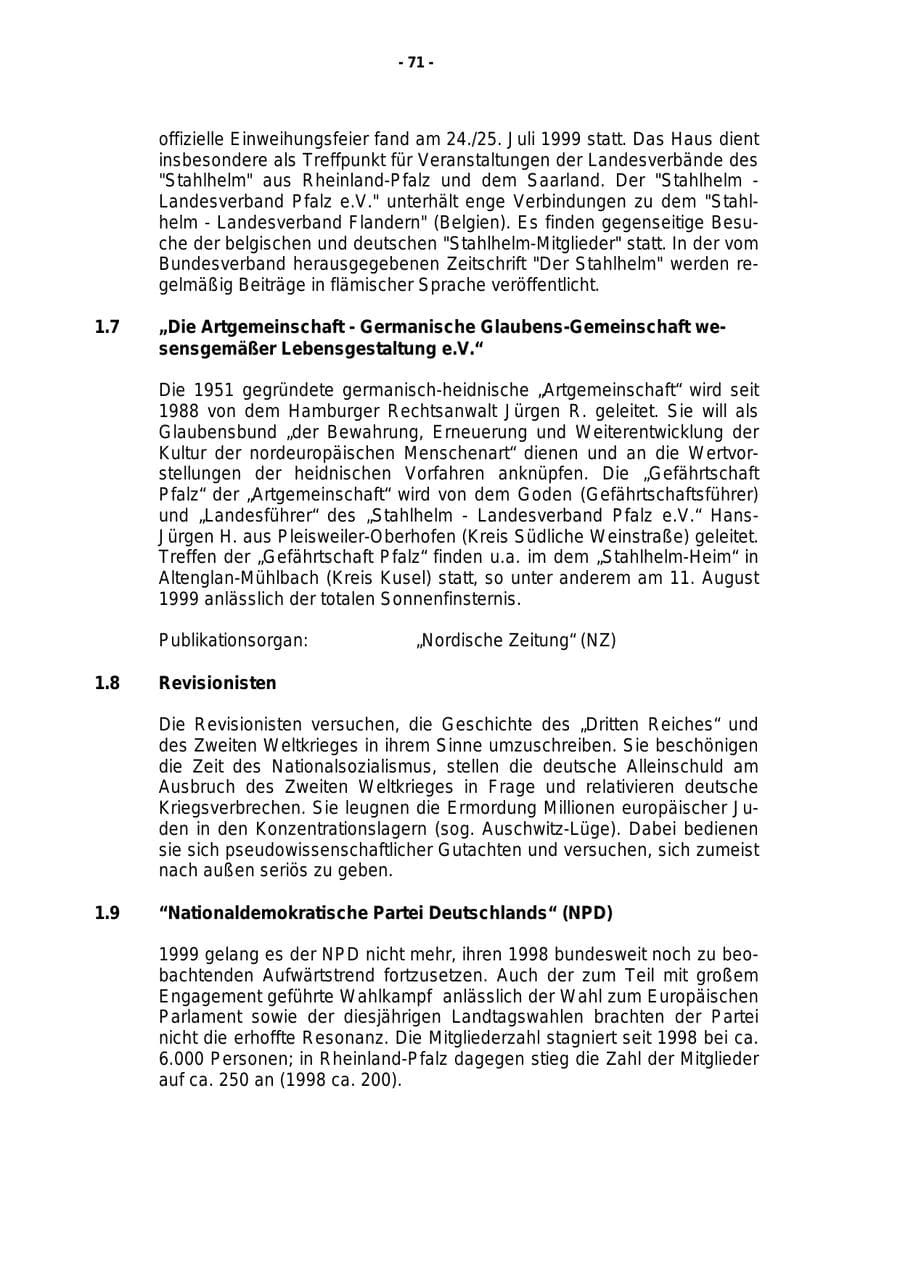 Seite 72 des Verfassungsschutzbericht 1999 Rheinland-Pfalz