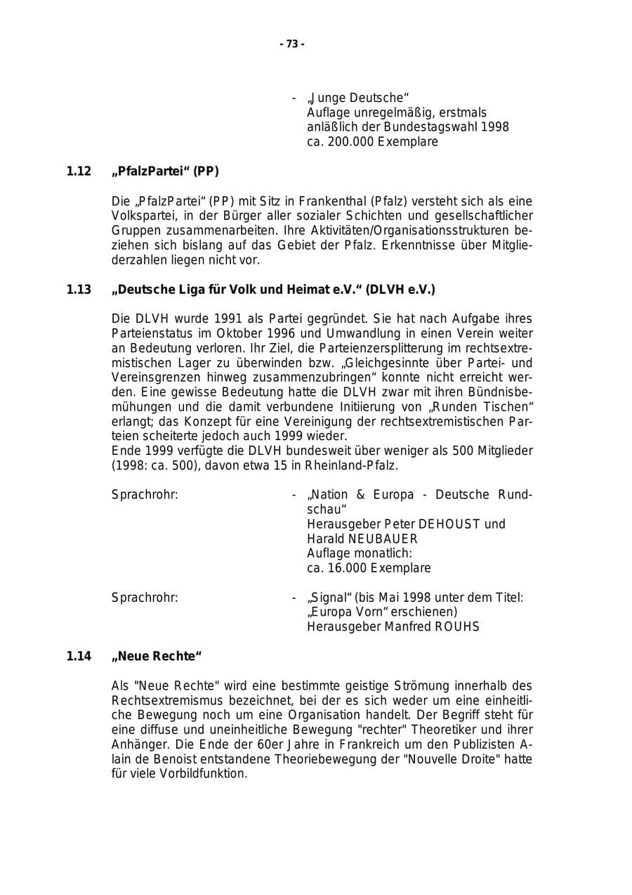 Seite 74 des Verfassungsschutzbericht 1999 Rheinland-Pfalz