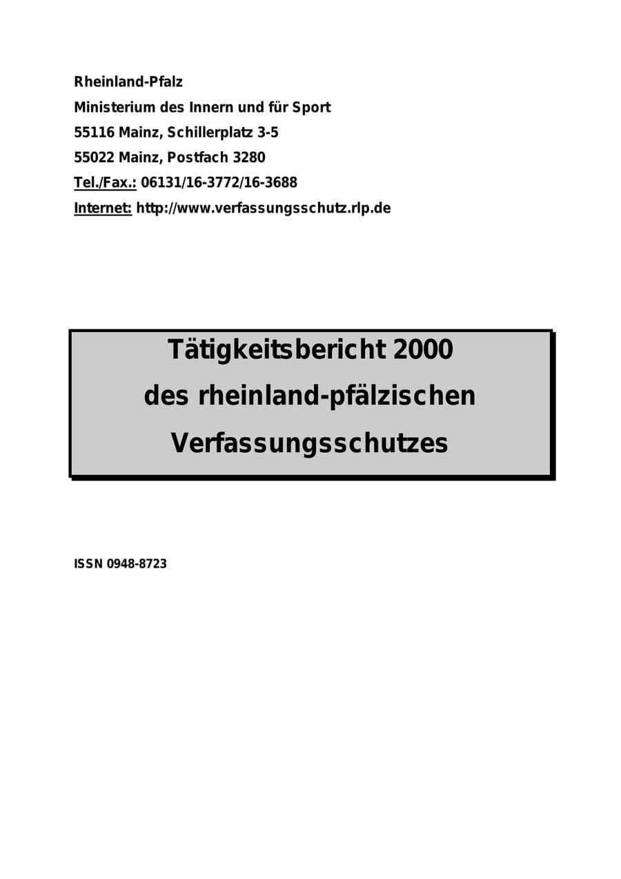 Seite 1 des Verfassungsschutzbericht 2000 Rheinland-Pfalz