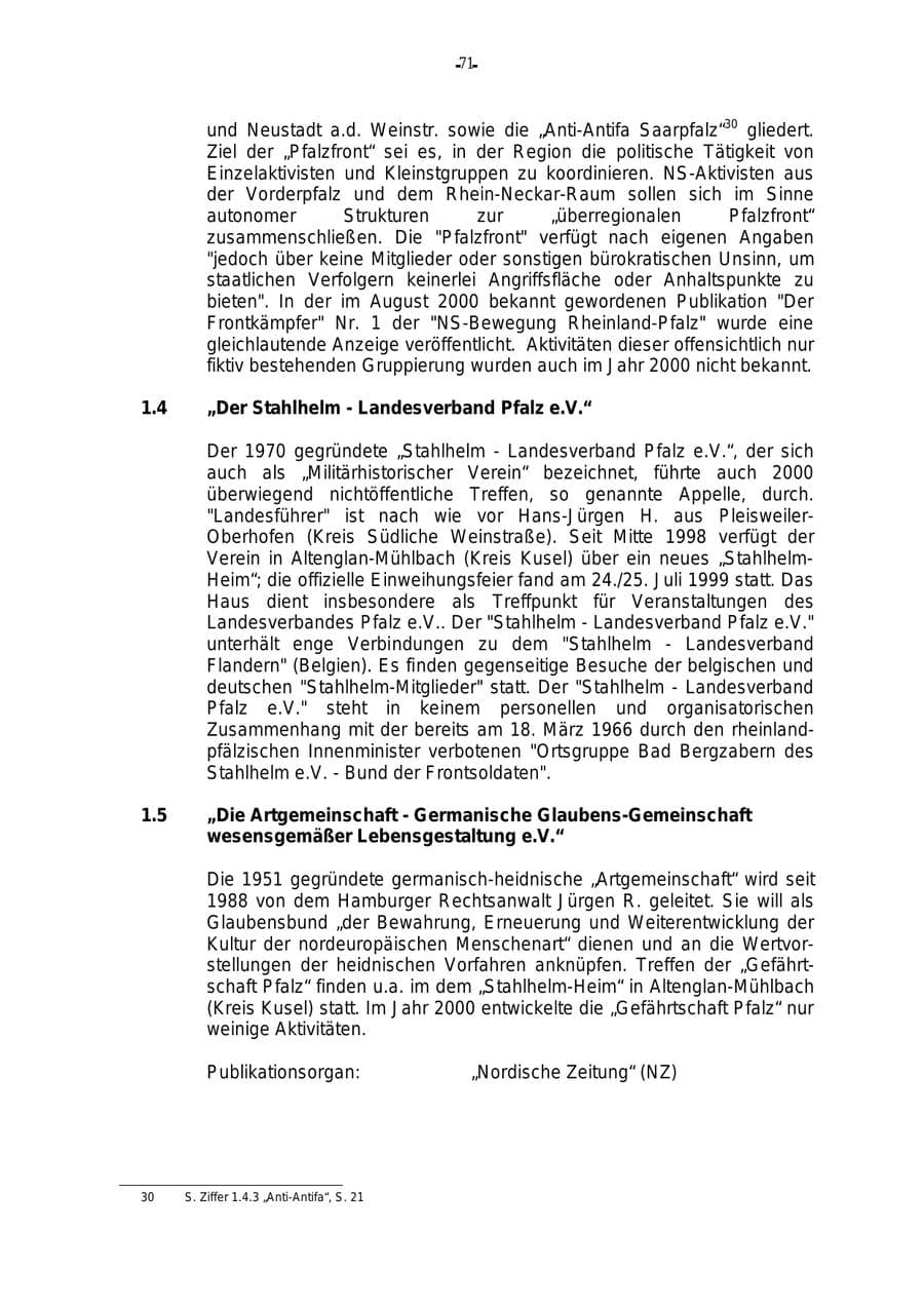 Seite 72 des Verfassungsschutzbericht 2000 Rheinland-Pfalz