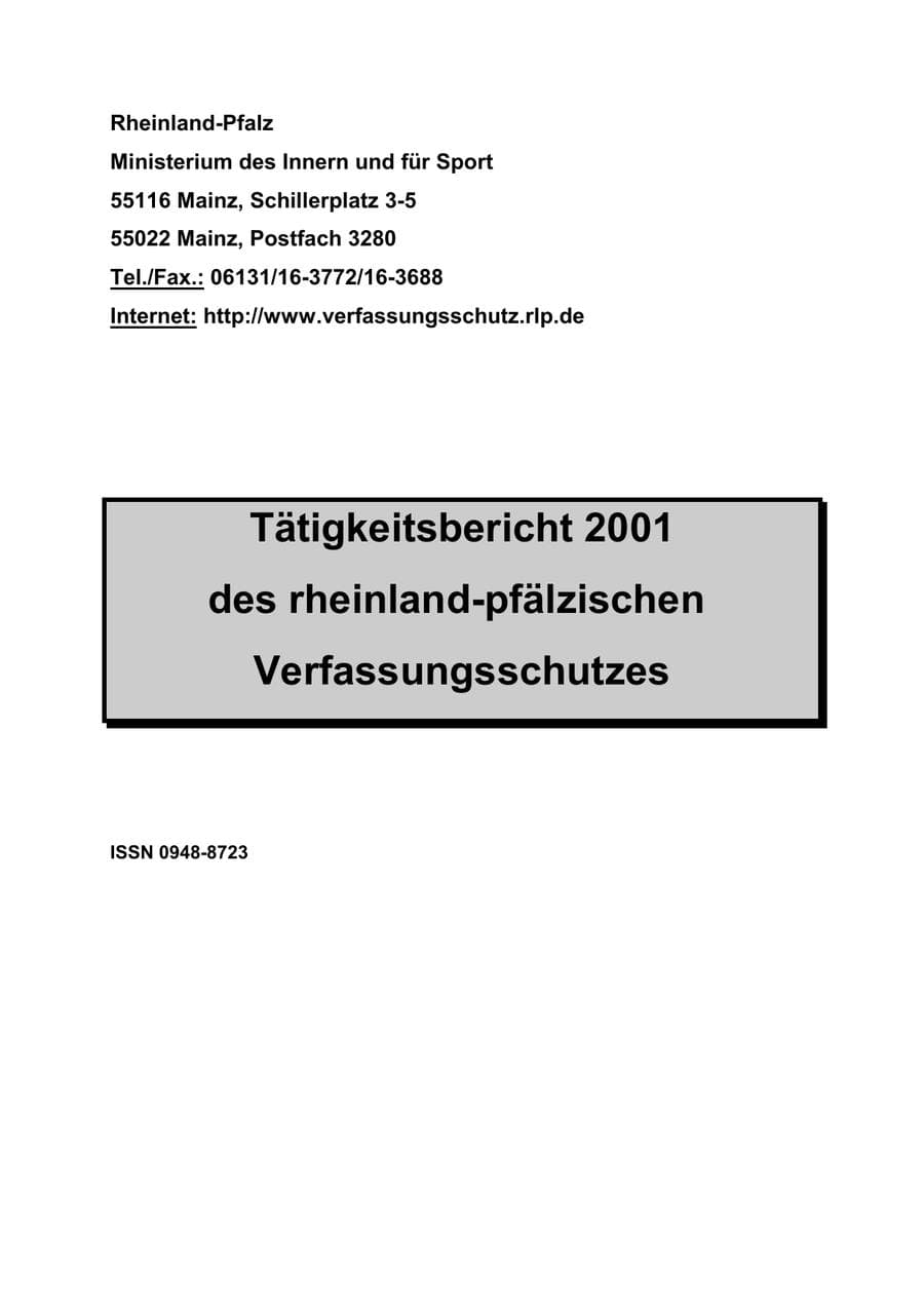 Seite 2 des Verfassungsschutzbericht 2001 Rheinland-Pfalz
