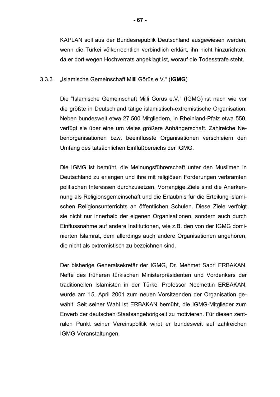 Seite 69 des Verfassungsschutzbericht 2001 Rheinland-Pfalz
