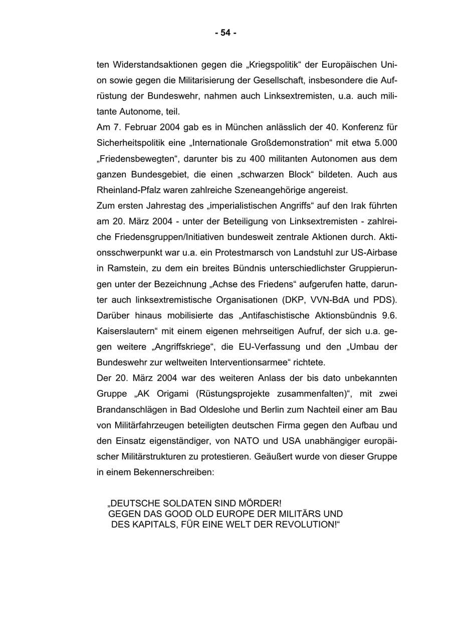 Seite 56 des Verfassungsschutzbericht 2004 Rheinland-Pfalz