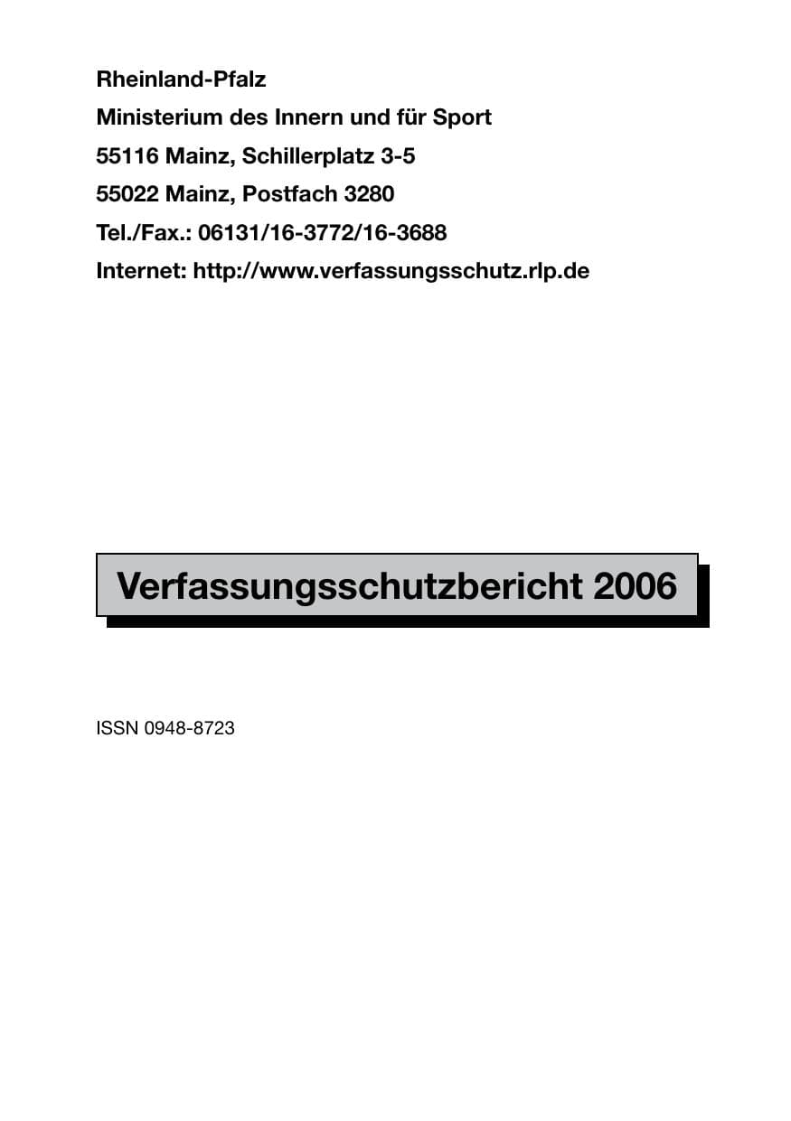 Seite 1 des Verfassungsschutzbericht 2006 Rheinland-Pfalz