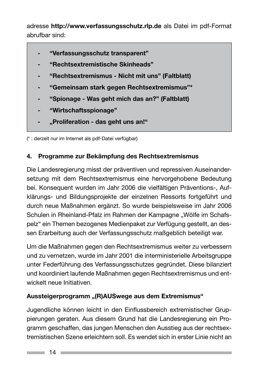 Seite 14 des Verfassungsschutzbericht 2006 Rheinland-Pfalz