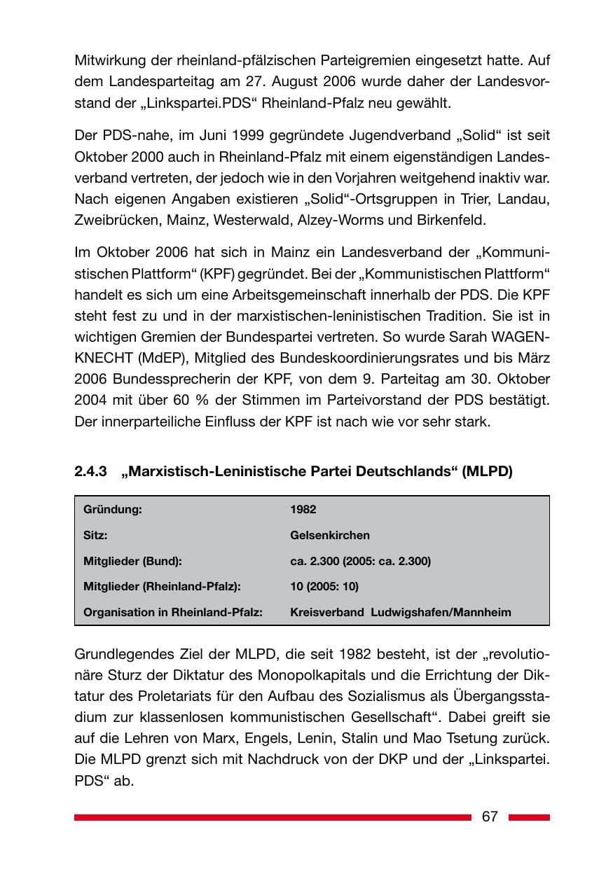 Seite 67 des Verfassungsschutzbericht 2006 Rheinland-Pfalz