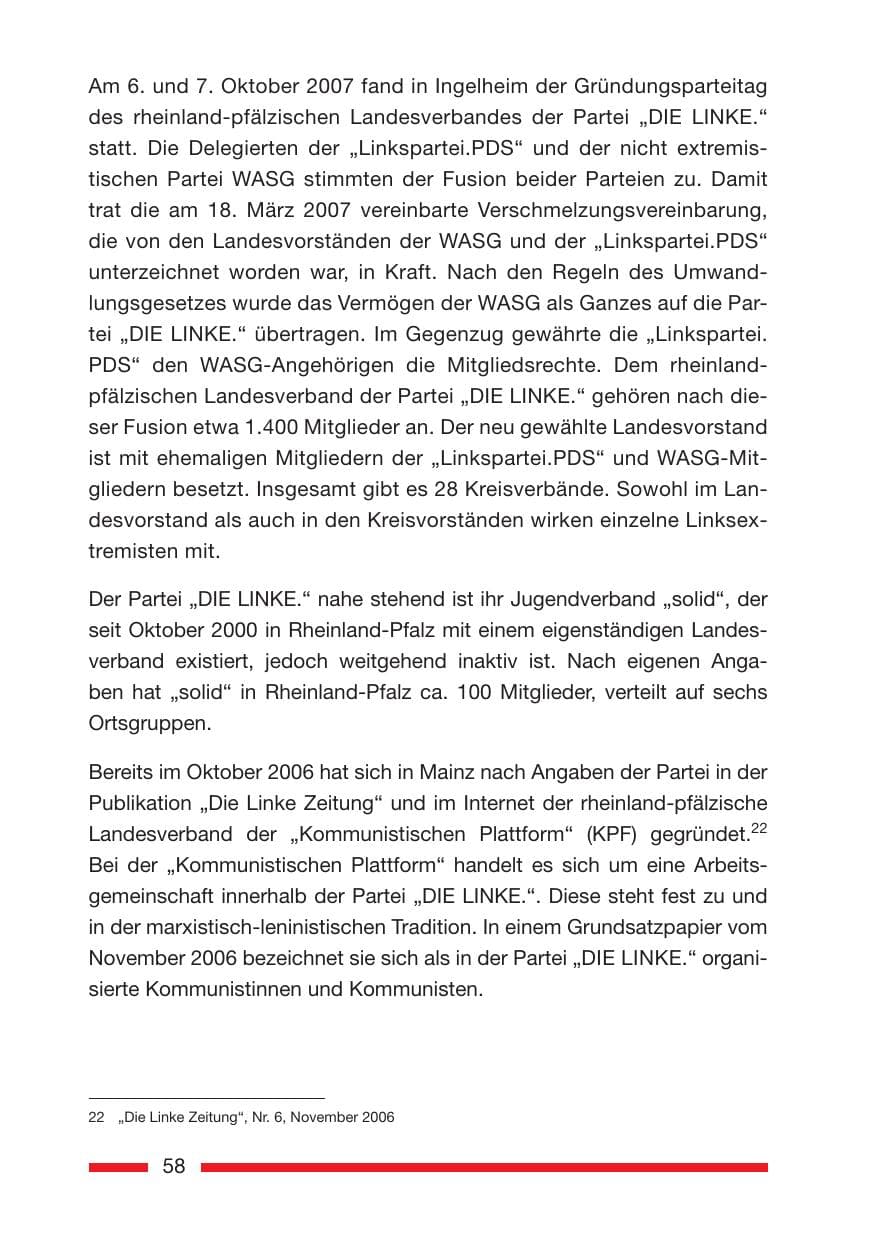 Seite 58 des Verfassungsschutzbericht 2007 Rheinland-Pfalz