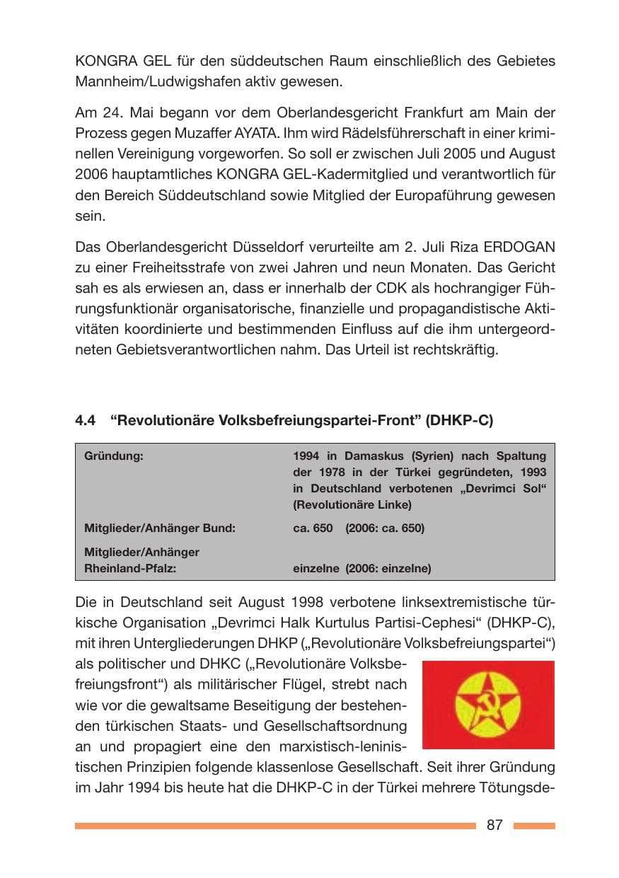 Seite 87 des Verfassungsschutzbericht 2007 Rheinland-Pfalz