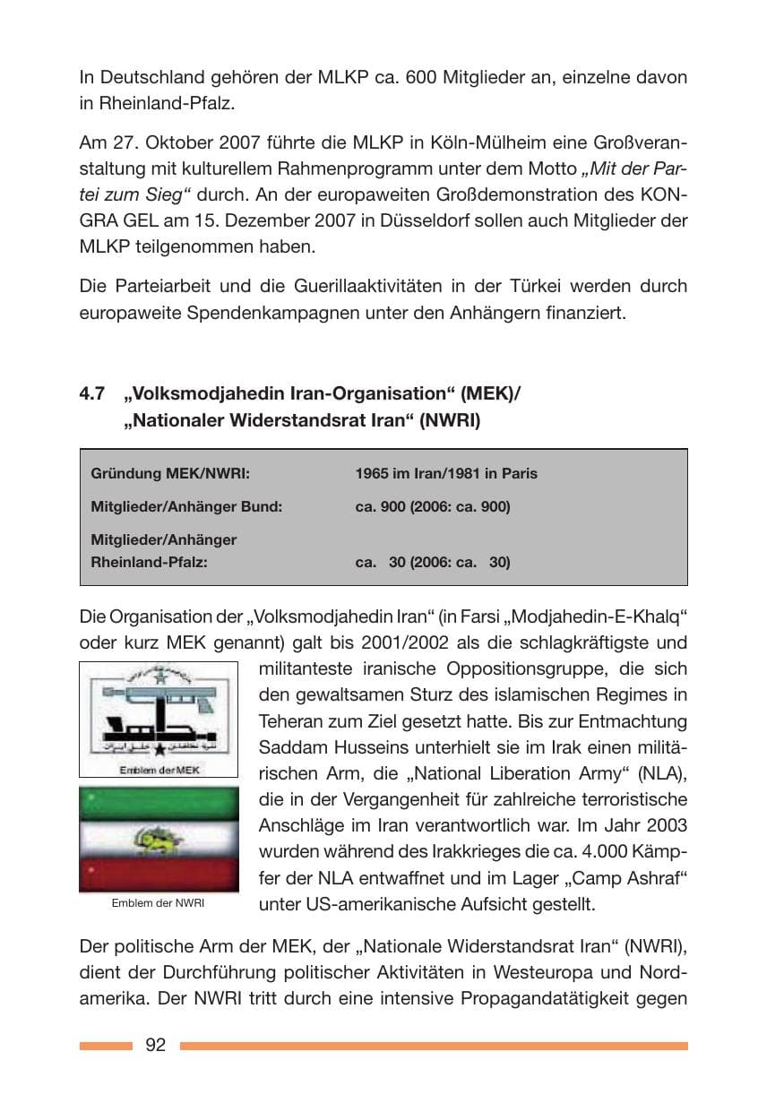 Seite 92 des Verfassungsschutzbericht 2007 Rheinland-Pfalz