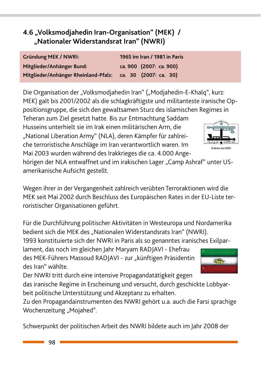 Seite 100 des Verfassungsschutzbericht 2008 Rheinland-Pfalz