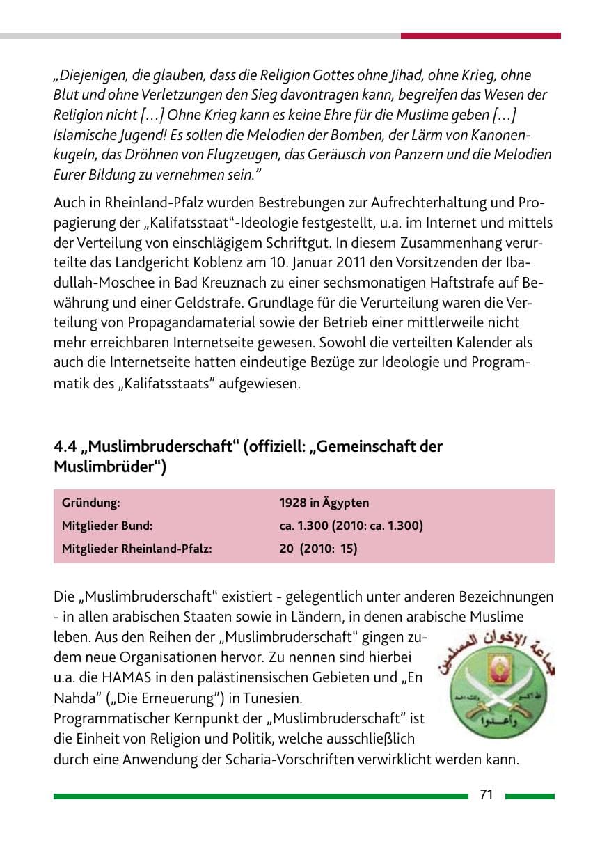 Seite 73 des Verfassungsschutzbericht 2011 Rheinland-Pfalz