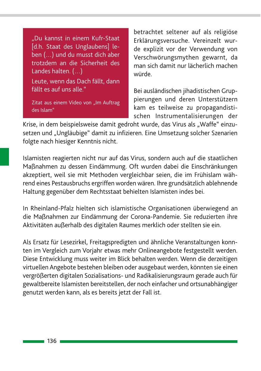 Seite 138 des Verfassungsschutzbericht 2020 Rheinland-Pfalz