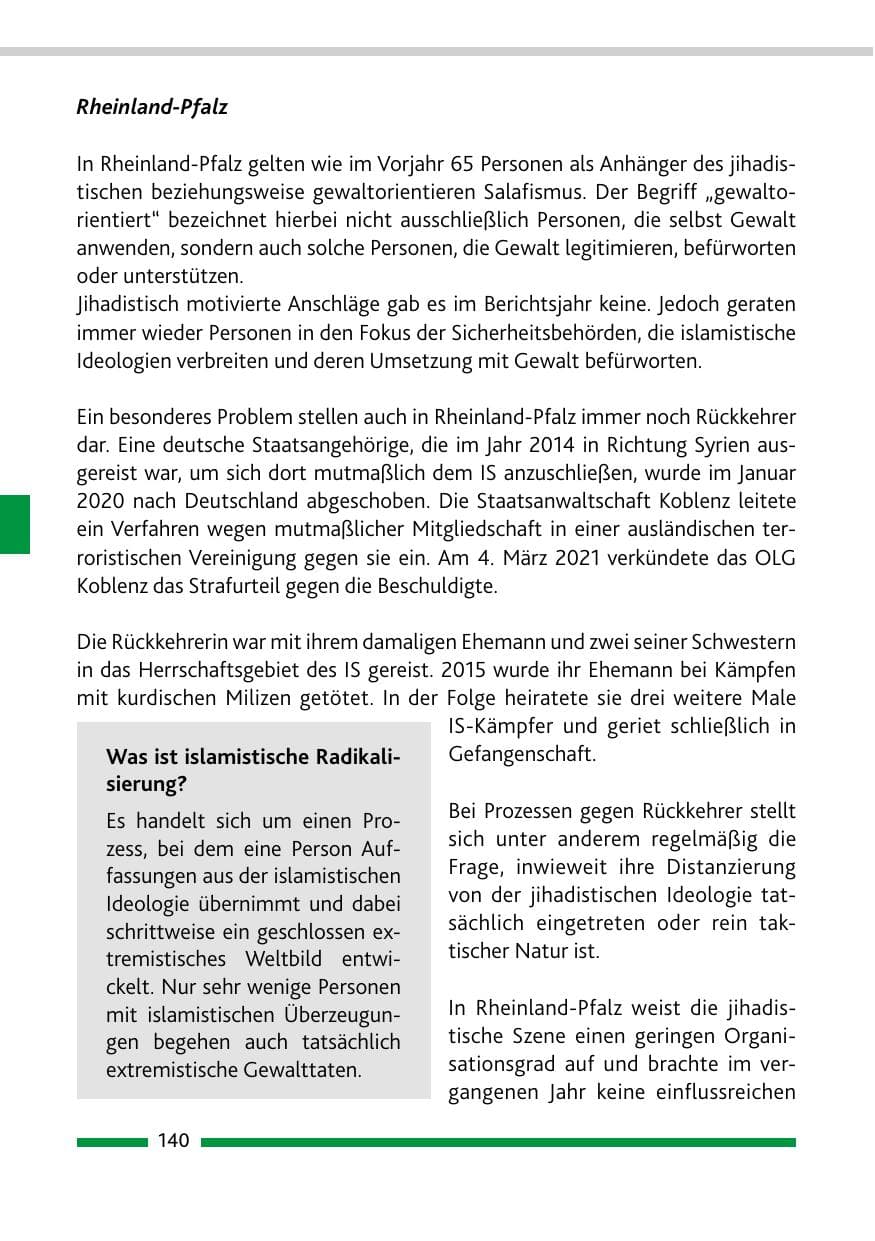 Seite 142 des Verfassungsschutzbericht 2020 Rheinland-Pfalz
