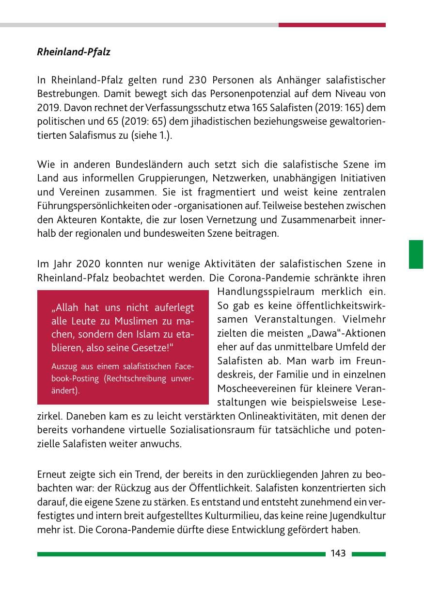 Seite 145 des Verfassungsschutzbericht 2020 Rheinland-Pfalz