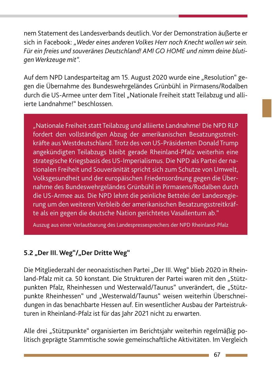 Seite 69 des Verfassungsschutzbericht 2020 Rheinland-Pfalz