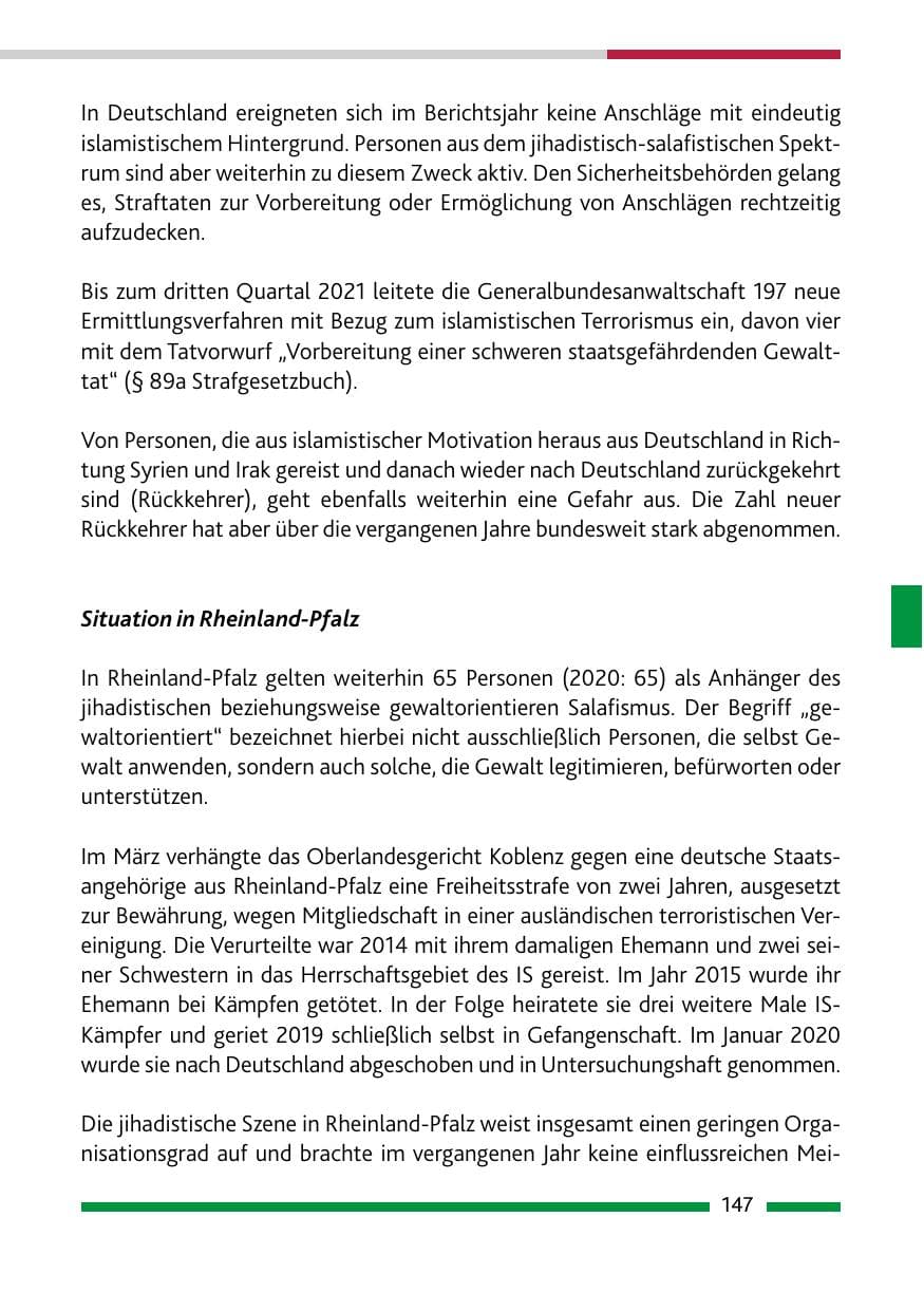 Seite 149 des Verfassungsschutzbericht 2021 Rheinland-Pfalz