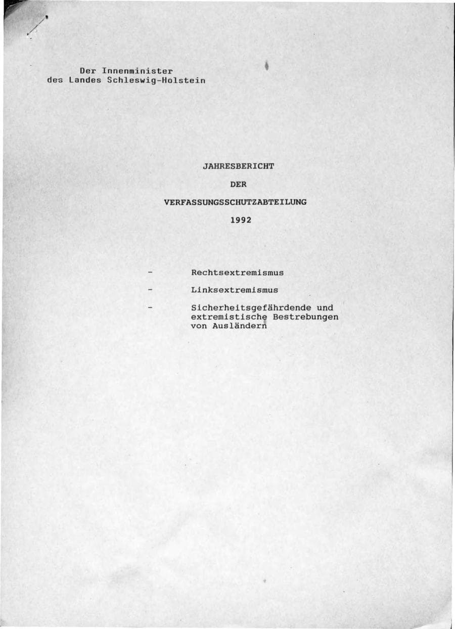 Seite 1 des Verfassungsschutzbericht 1992 Schleswig-Holstein