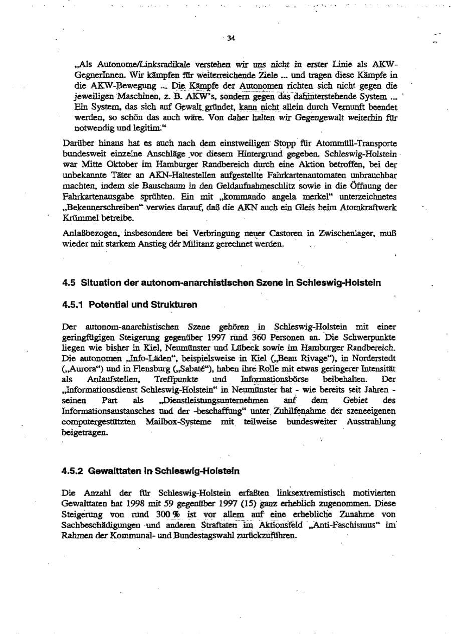 Seite 38 des Verfassungsschutzbericht 1998 Schleswig-Holstein