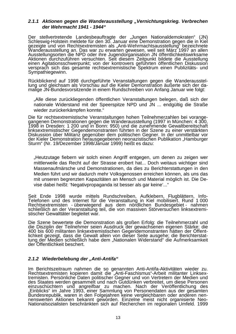 Seite 13 des Verfassungsschutzbericht 1999 Schleswig-Holstein