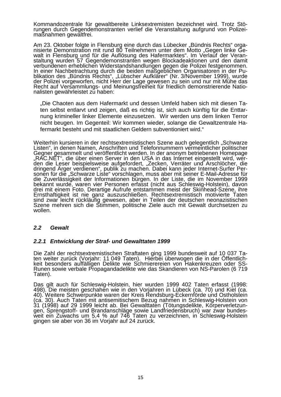 Seite 15 des Verfassungsschutzbericht 1999 Schleswig-Holstein