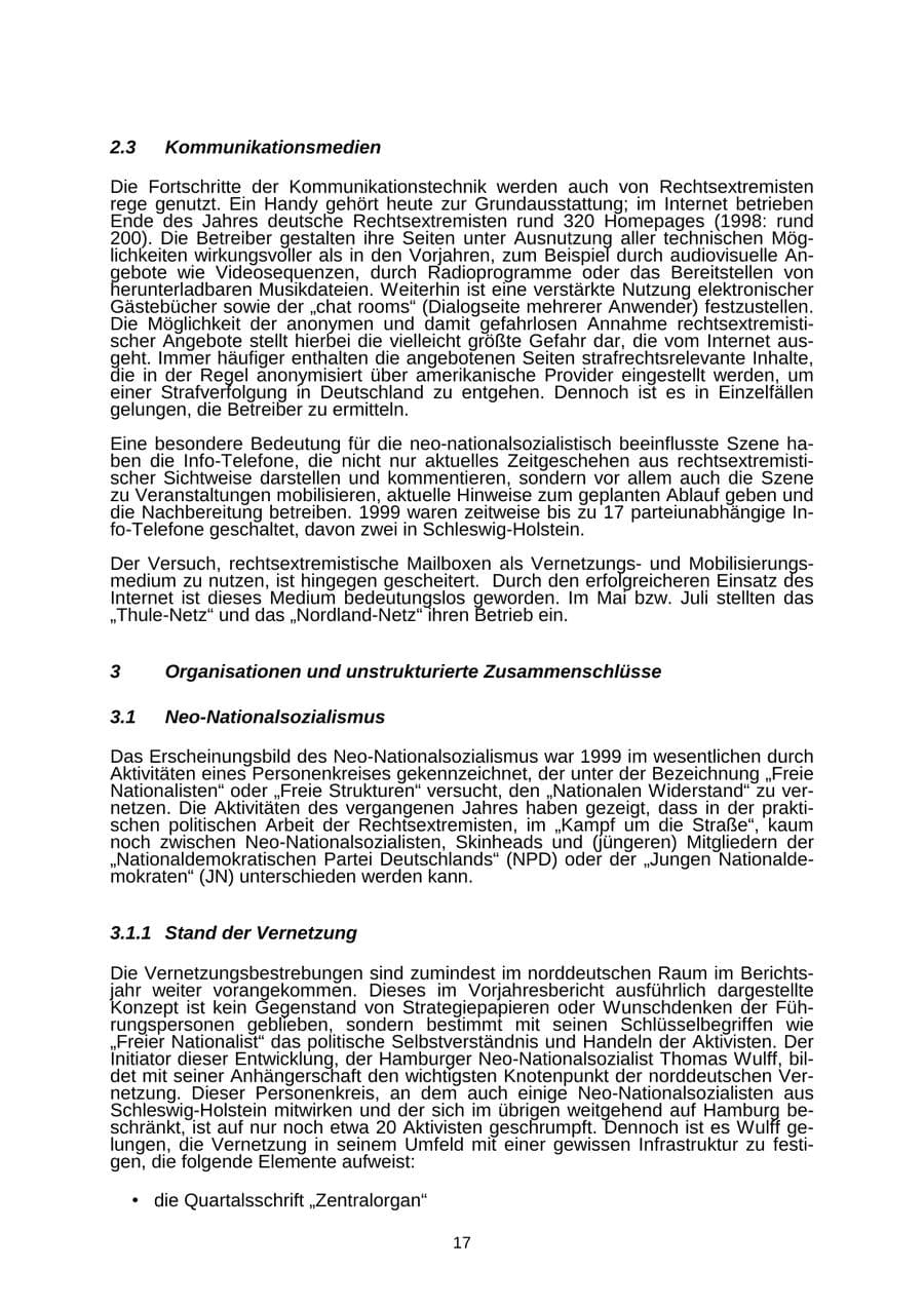 Seite 17 des Verfassungsschutzbericht 1999 Schleswig-Holstein